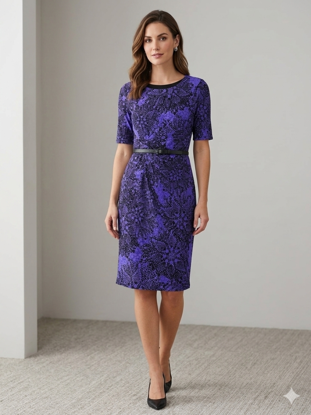 Connected Apparel Dress Size 6 Purple Black Floral Lace Print Sheath Faux Wrap